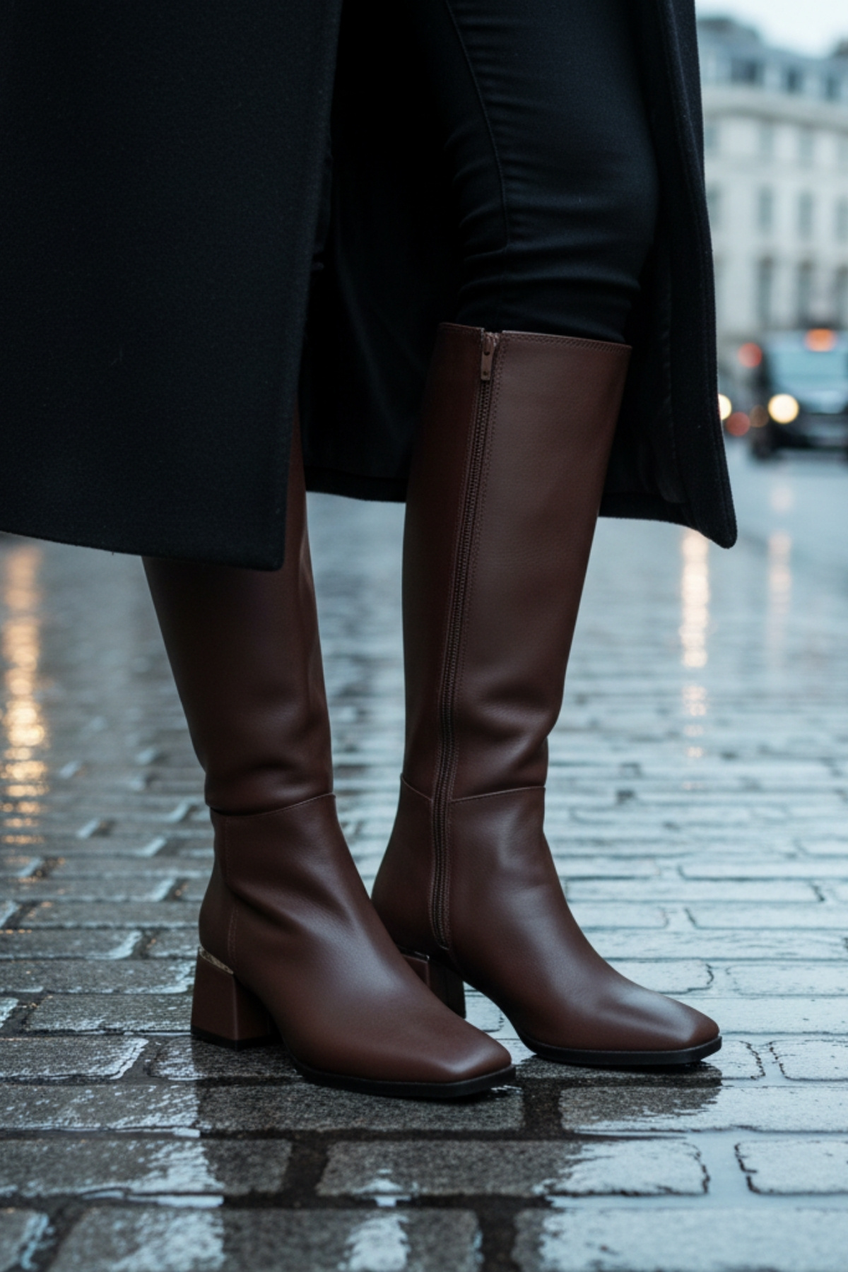 Limeo  Kadın Acı Kahve Diz Altı Topuklu Parlak Detaylı Fermuarlı Deri Görünümlü Uzun Çizme - Görsel 2