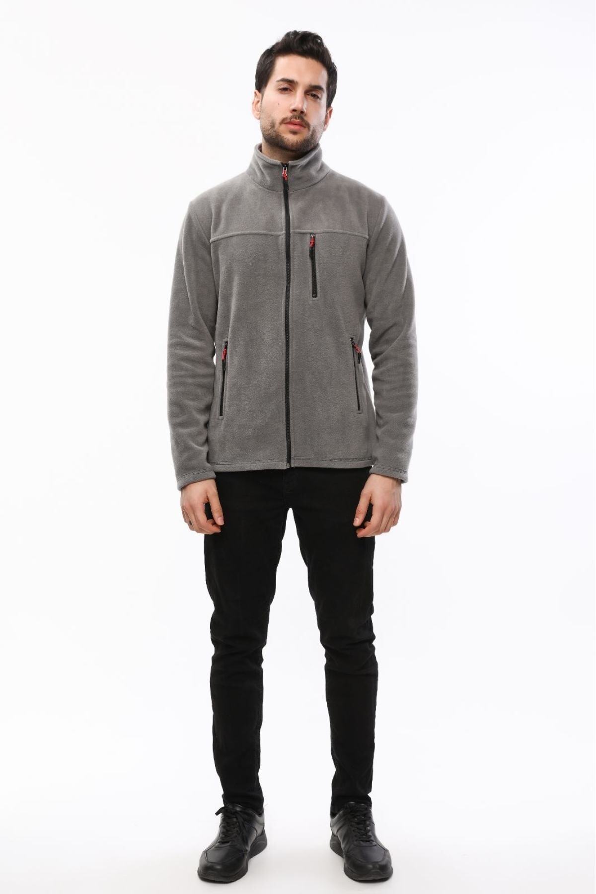 VEGA PORT Unisex Orta Gri Bato Yaka Tam Fermuarlı 3 Cepli Outdoor Polar Ceket görsel 4