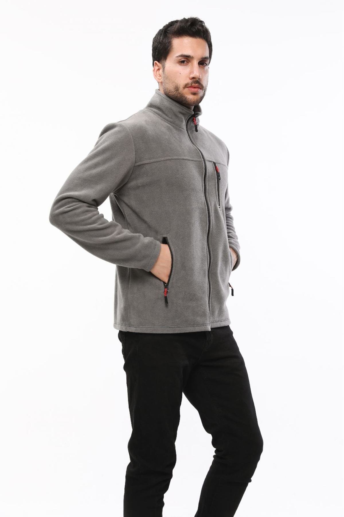 VEGA PORT Unisex Orta Gri Bato Yaka Tam Fermuarlı 3 Cepli Outdoor Polar Ceket görsel 2