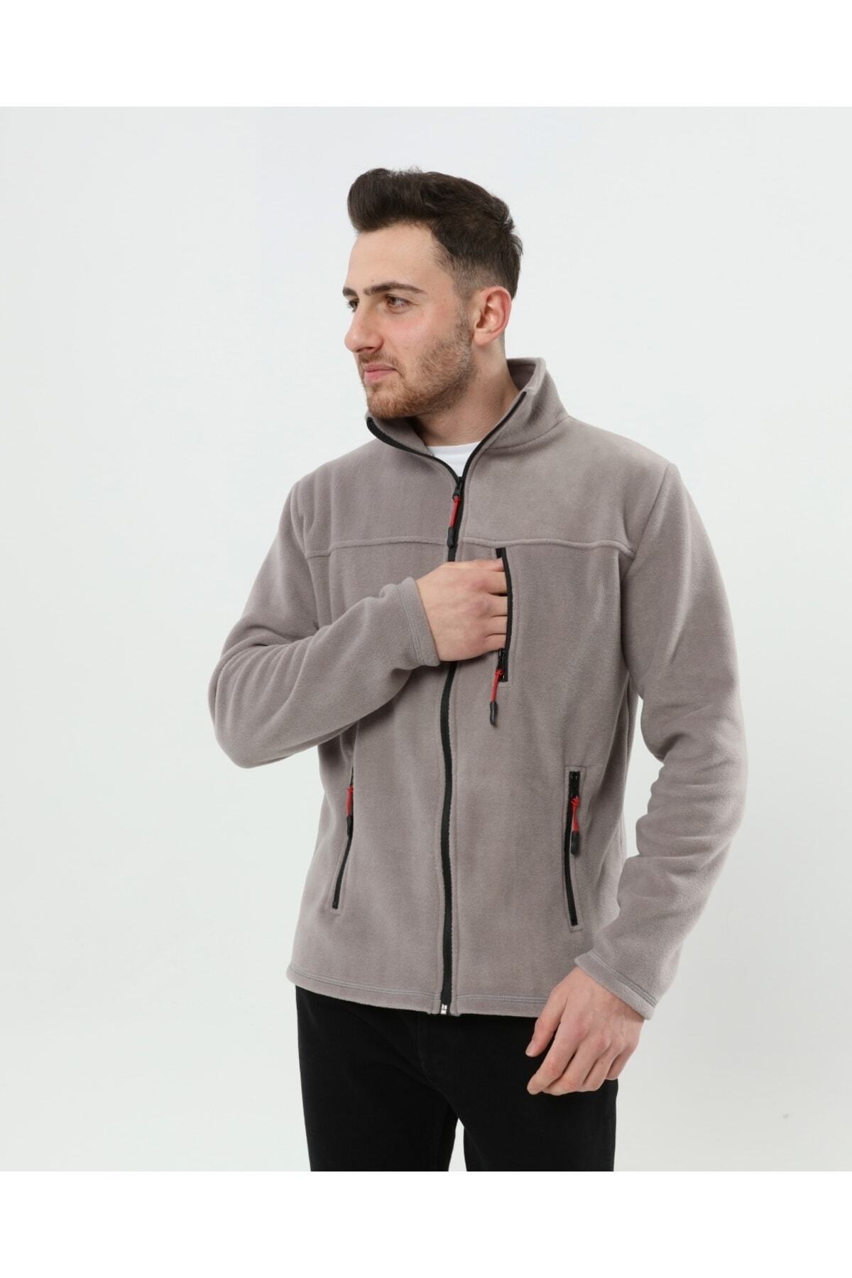 VEGA PORT Unisex Açık Gri Bato Yaka Tam Fermuarlı 3 Cepli Outdoor Polar Ceket görsel 4