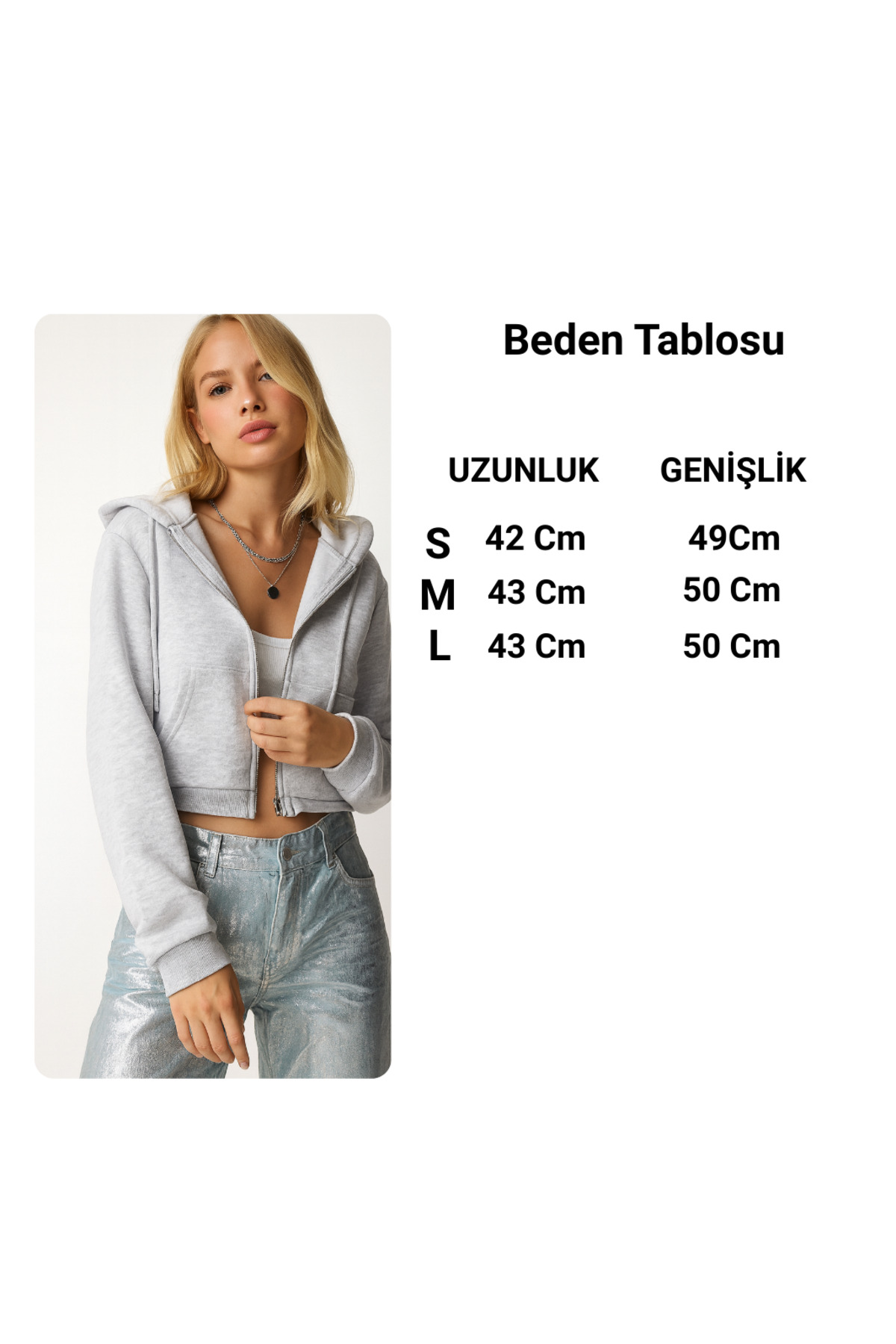 3 İplik %100 Pamuk Crop Kapüşonlu Fermuarlı Hırka — خاکستری MNLCROP-1 — تصویر 5 از 5