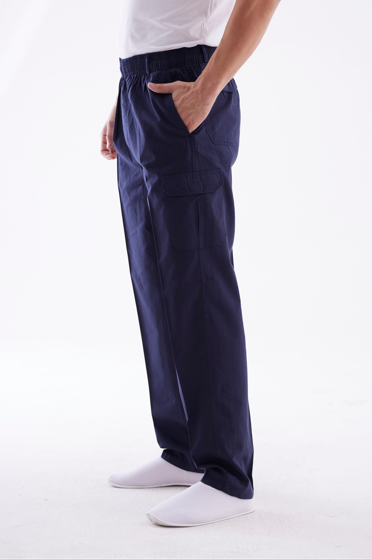 Men's Side Pockets Comfortable Cut Elastic Waist Cargo Hajj and Umrah Shalwar Trousers Navy Blue