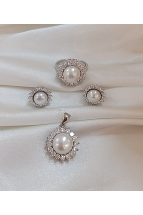 GÜNKAN GÜMÜŞ Doğal İncili Ve Tam Tur Zirkon Taşlı 3lü 925 Ayar Gümüş Set