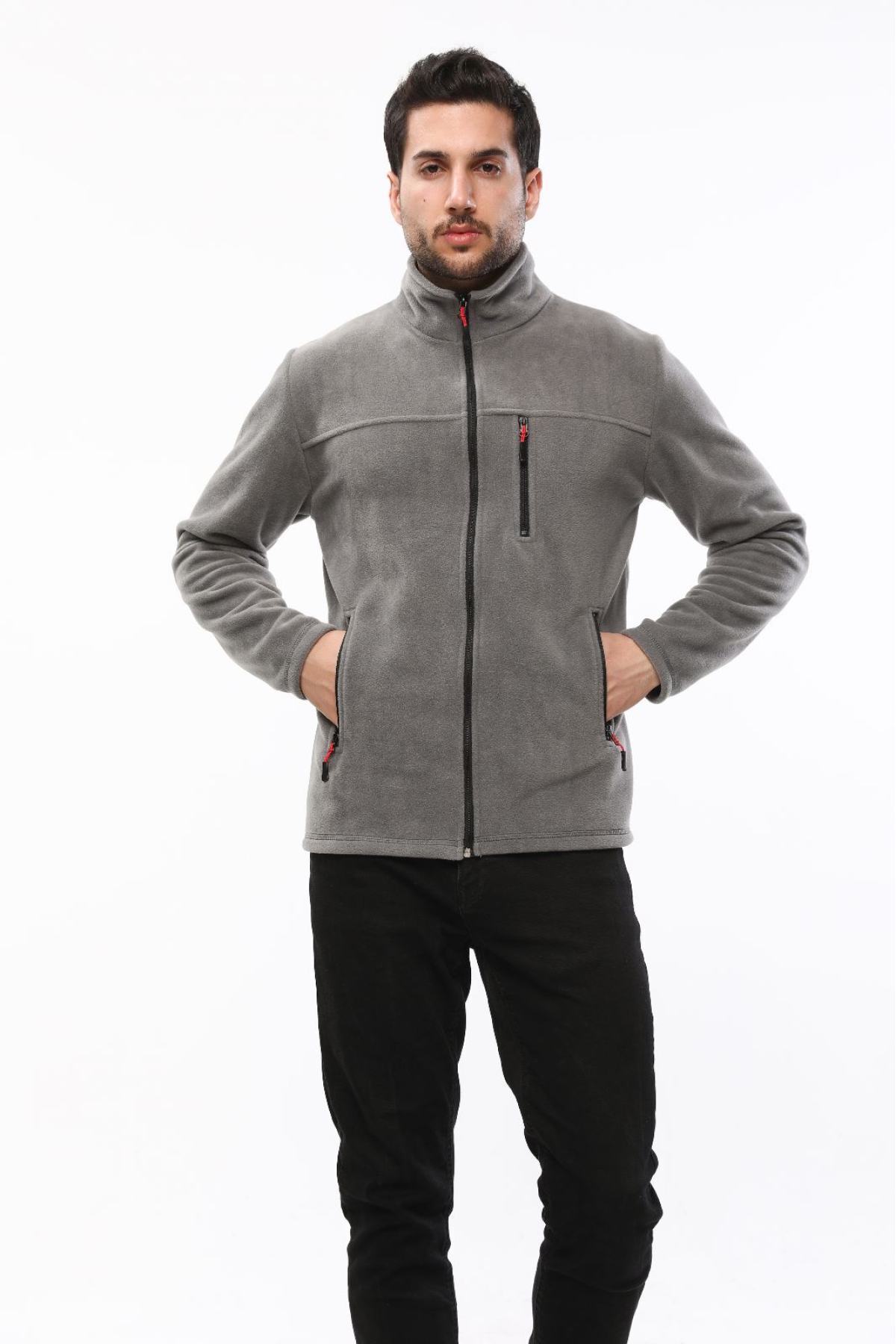 VEGA PORT Unisex Orta Gri Bato Yaka Tam Fermuarlı 3 Cepli Outdoor Polar Ceket