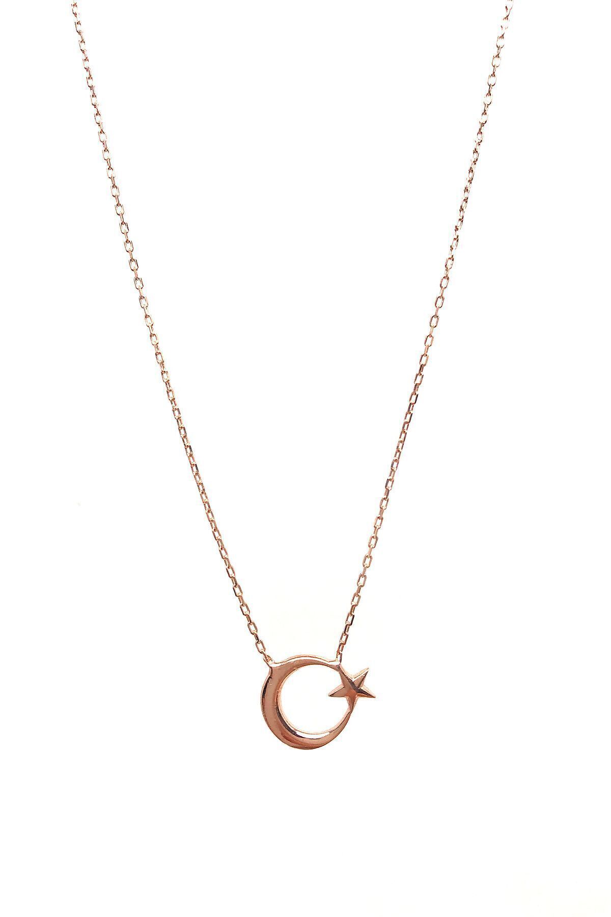 SUNSHINE 925 Ayar Rose Kaplamalı Minimal Ay Yıldız Gümüş Kolye görsel 2