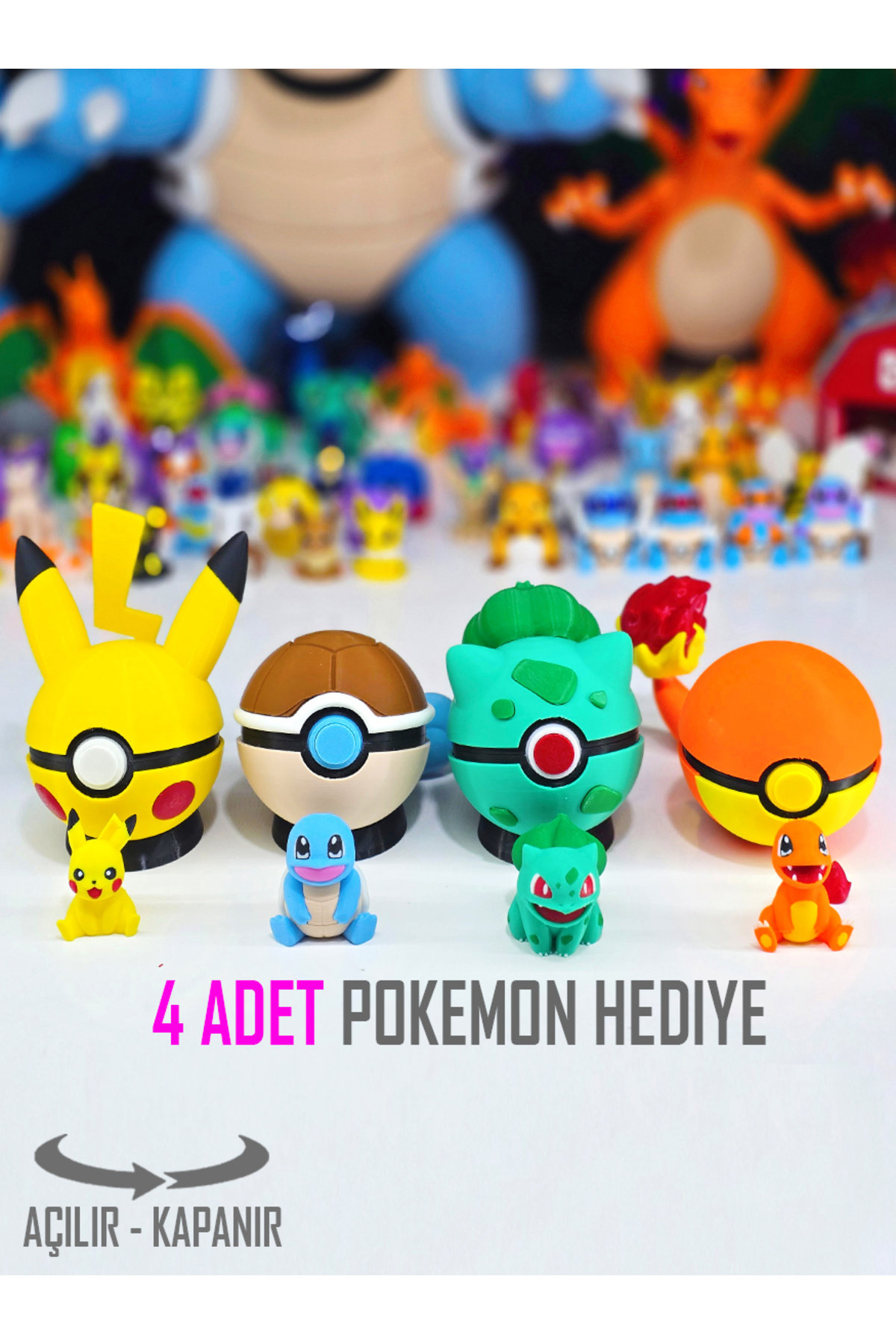 Suelo Butik 4 Adet Açılır-Kapanır Pikachu, Balbazar, Charmander, Squirtle Pokemon Temalı Pokeball Poketopu