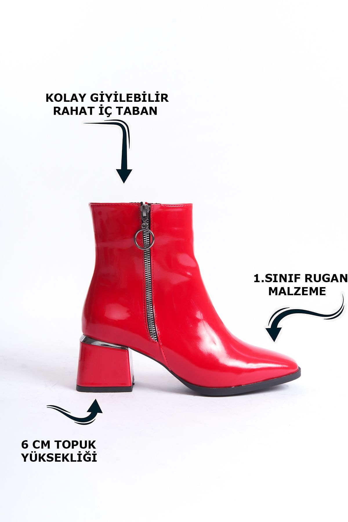 Limeo Parlak Rugan Kırmızı Fermuarlı Topukta Gümüş Detaylı Kısa Sade Klasik Bot Bootie görsel 3
