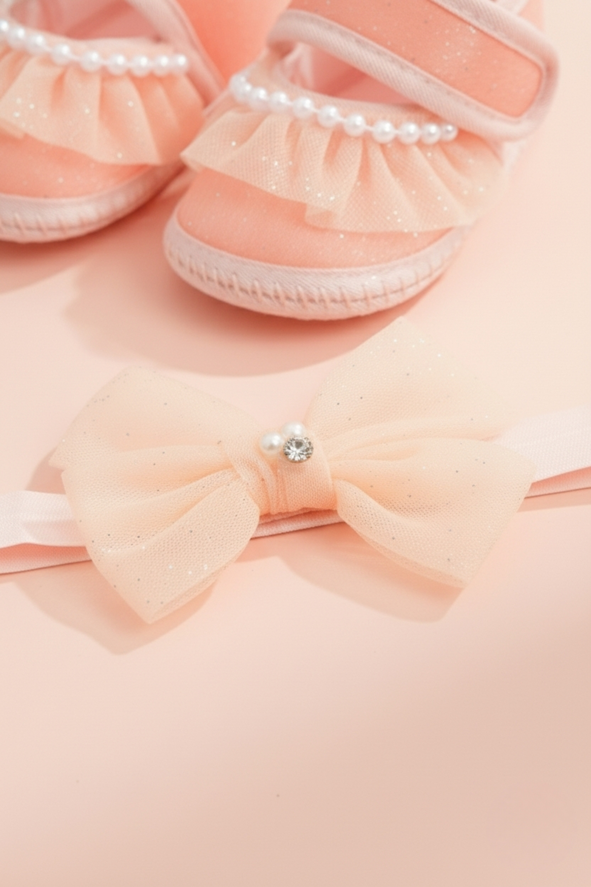 LOGO AKSESUAR 0-3 Ay Yeni Doğan Simli Dantel Somon Bebek Bandana Patik Seti fotoğrafı 4 (önizleme)