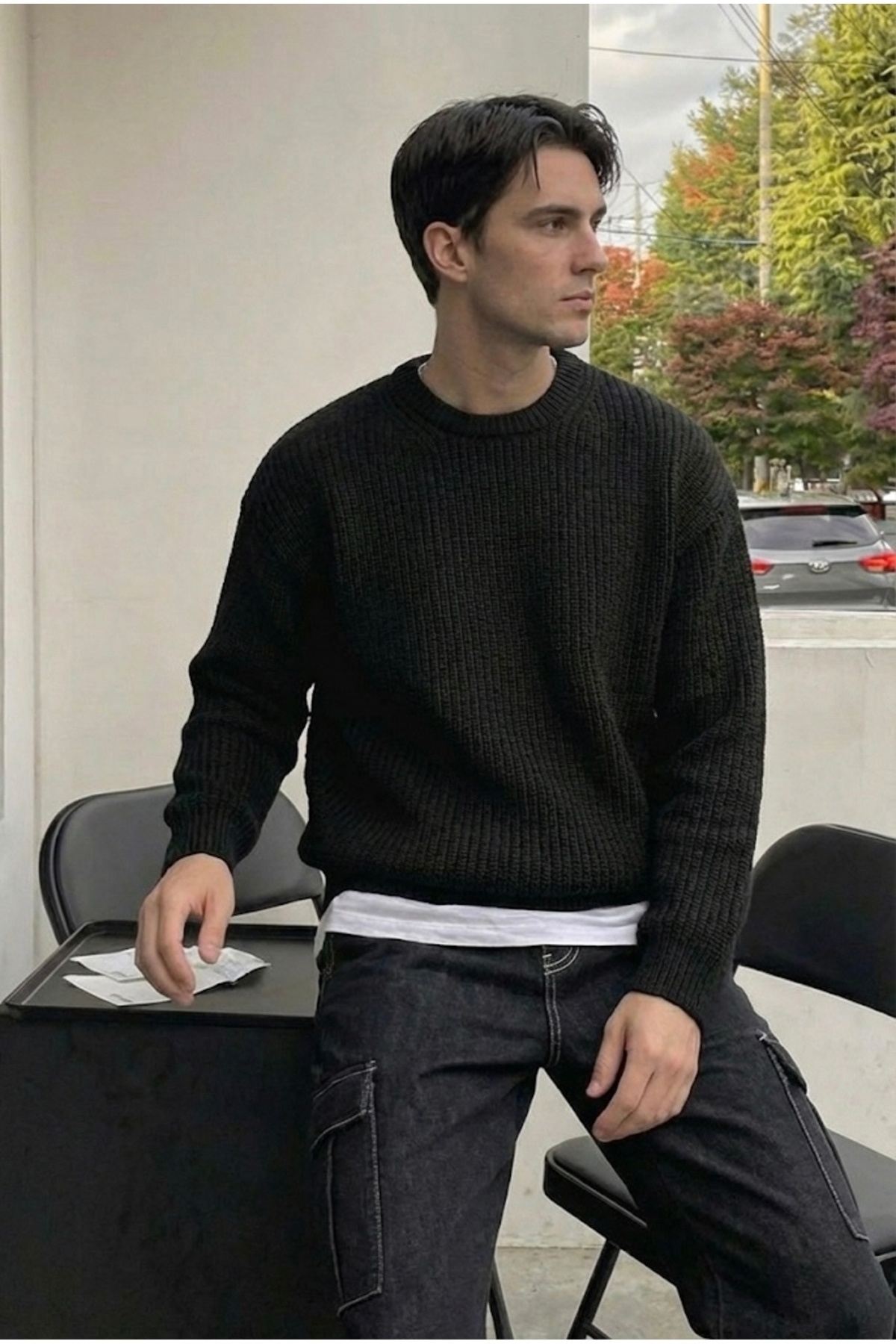 Tarz Cool Erkek Siyah Regular Fit Bisiklet Yaka Örgülü Triko