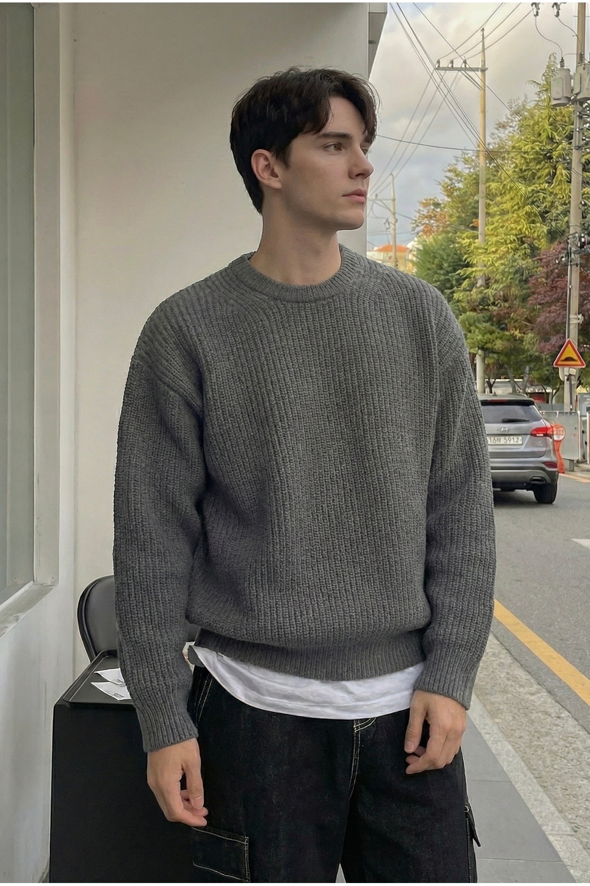 Tarz Cool Erkek Füme Regular Fit Bisiklet Yaka Örgülü Triko