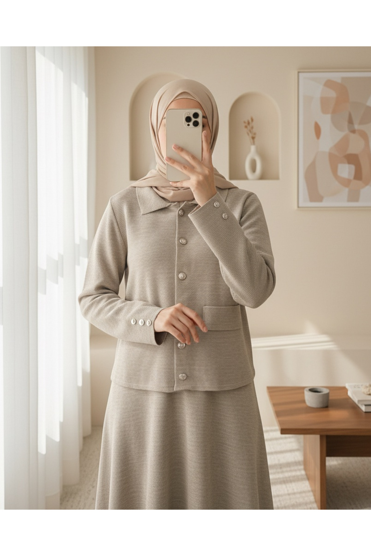 Modamorfo Buttoned Front Skirt and Collared Knitwear Set - Toprak