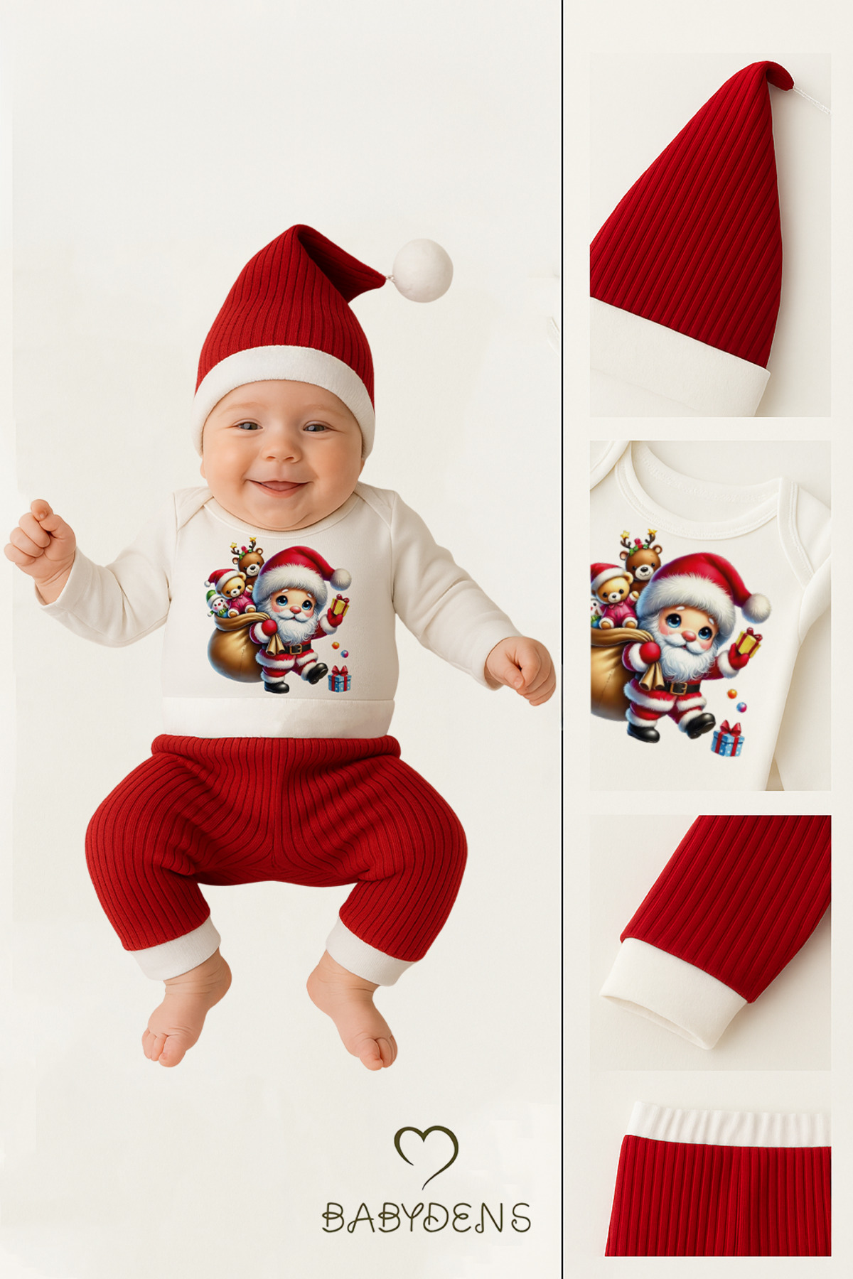 BABYDEN'S Bebek Yılbaşı Noel Kıyafeti 3’lü Set ,Santa Baskılı Uzun Kollu Body, Kırmızı Fitilli Pantolon,Şapka fotoğrafı 5 (önizleme)