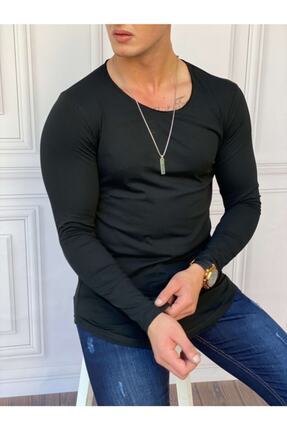 MODEFENDİ Erkek Siyah Slim Fit Oval Kesim Uzun Kollu Siyah Pamuk Basic Tshırt