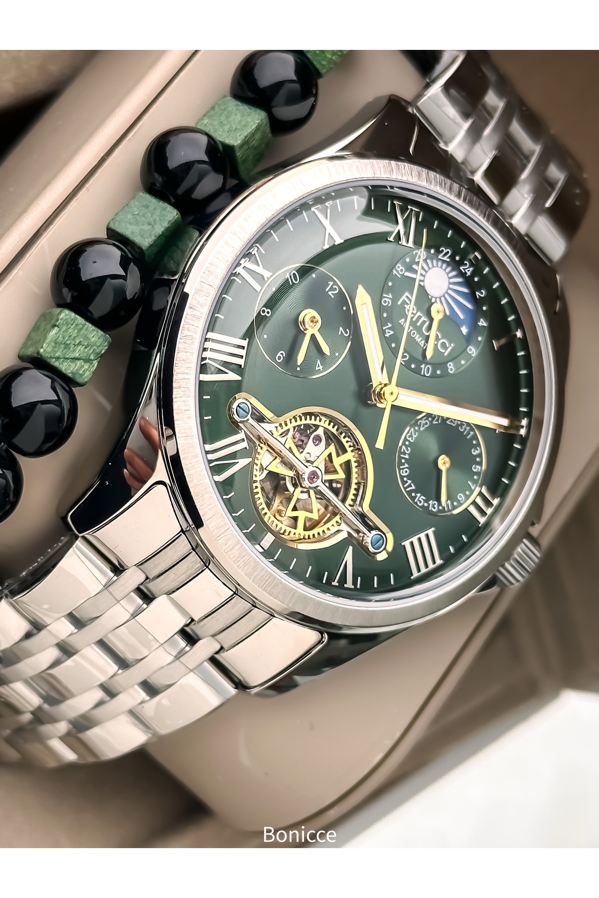 Automatic (Battery Free) Men Wrist Watch,Steel Band, Waterproof, Silver-Green Color Bracelet Gift