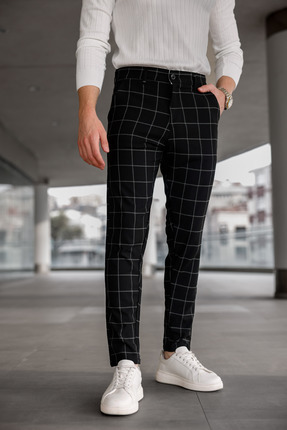 Ser Joven Erkek Siyah Slim Fit Ekoseli Kumaş Pantolon