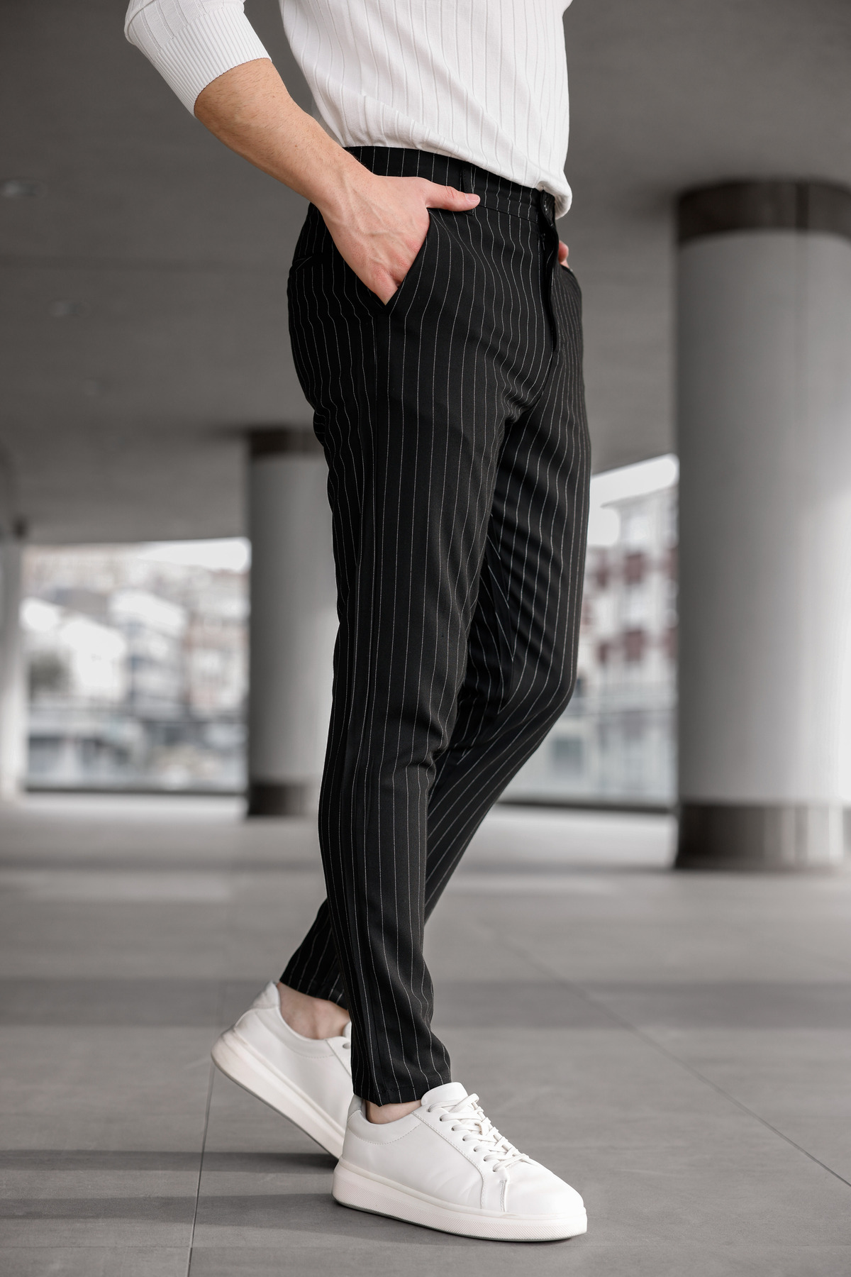 Ser Joven Erkek Siyah Slim Fit Çizgili Kumaş Pantolon görsel 4