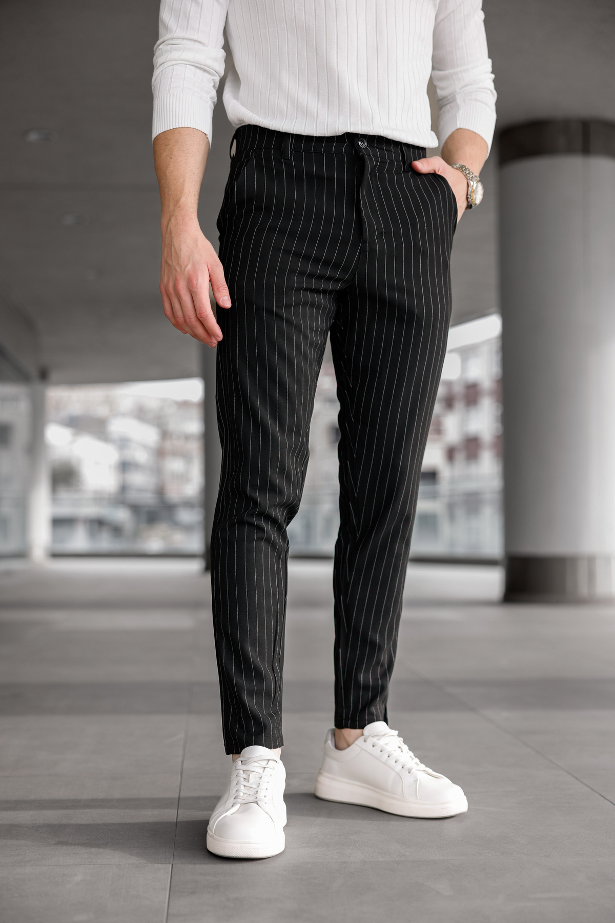 Ser Joven Erkek Siyah Slim Fit Çizgili Kumaş Pantolon görsel 2