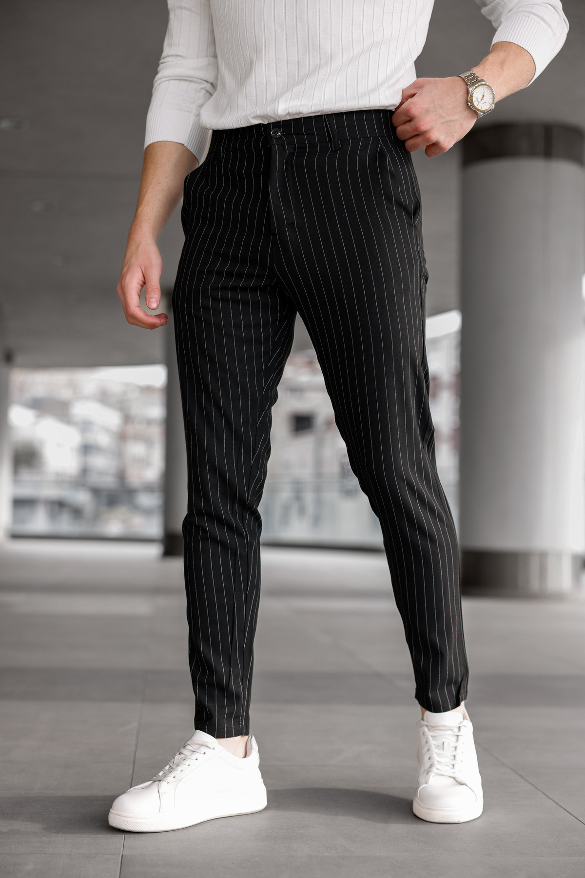 Ser Joven Erkek Siyah Slim Fit Çizgili Kumaş Pantolon görsel 6