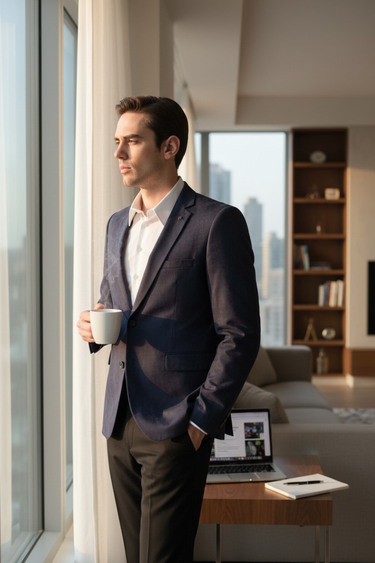 Frappoli  Cencio Erkek Açık Lacivert Diagonel Süet Slim Fit Mono Yaka Spor Blazer Ceket - Görsel 3