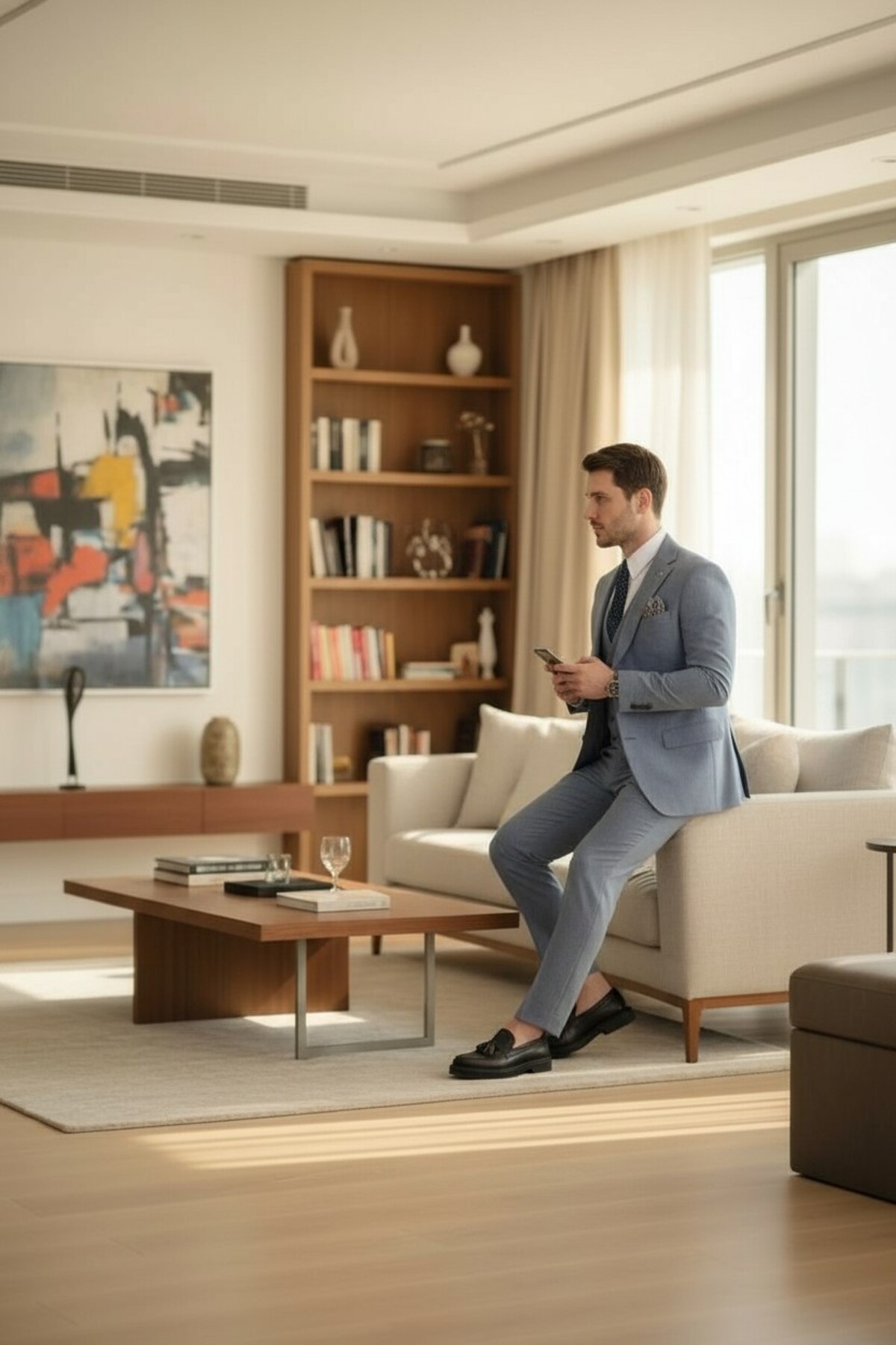 Frappoli Lacivert Slim Fit Erkek Düz Mono Yaka Çift Yırtmaçlı Astarlı Takim Elbise görsel 3