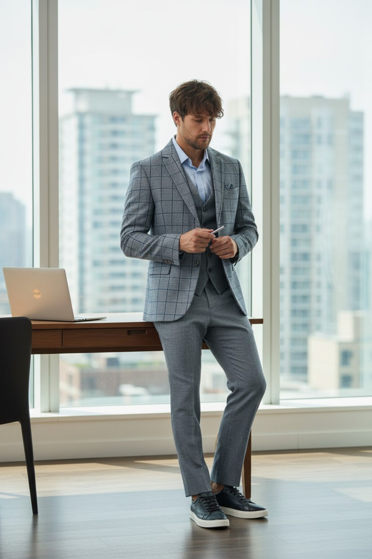 Frappoli Pakito Light Navy Blue Plaid Patterned Mono Collar Slim Fit Double Slit Lined Suit