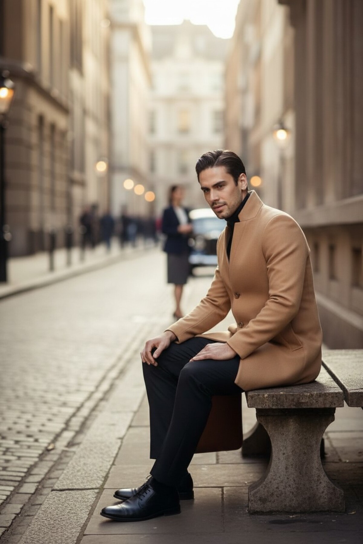 Frappoli  Bergamo Erkek Camel Regular Fit Dik Yaka Kaşe Kaban - Görsel 2