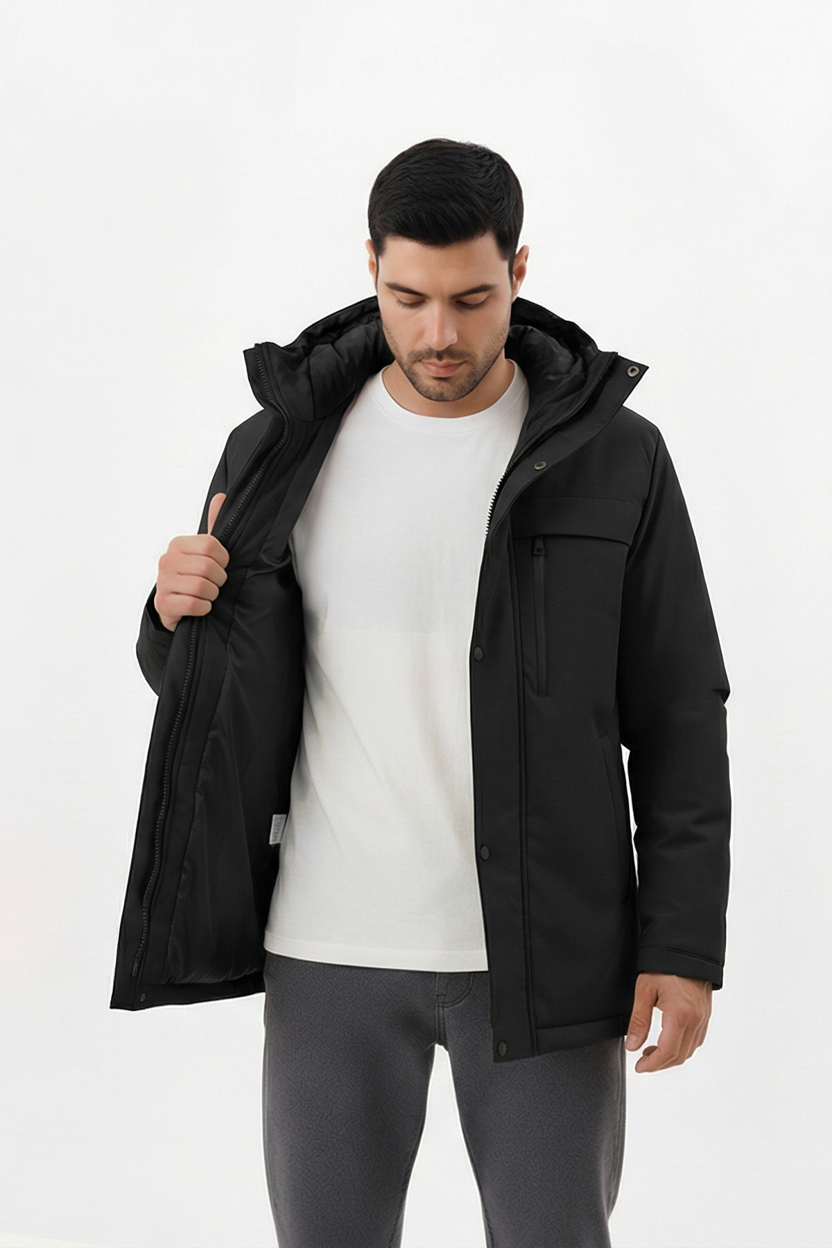 D1fference  Erkek Kışlık Parka Sıcak Tutan Dolgu Kalın İç Astarlı Su İtici Rüzgar Geçirmez Kapüşonlu Parka Mont - Görsel 4