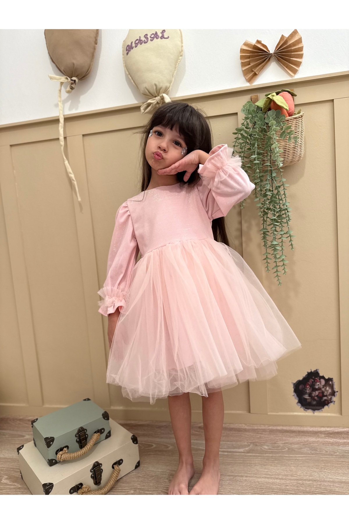 penu baby kids Pembe Pırıltı Kumaş Altı Tül Etekli Pamuk Astarlı Fiyonklu Uzun Kol Kız Çocuk Kız Bebek Elbise fotoğrafı 2 (önizleme)