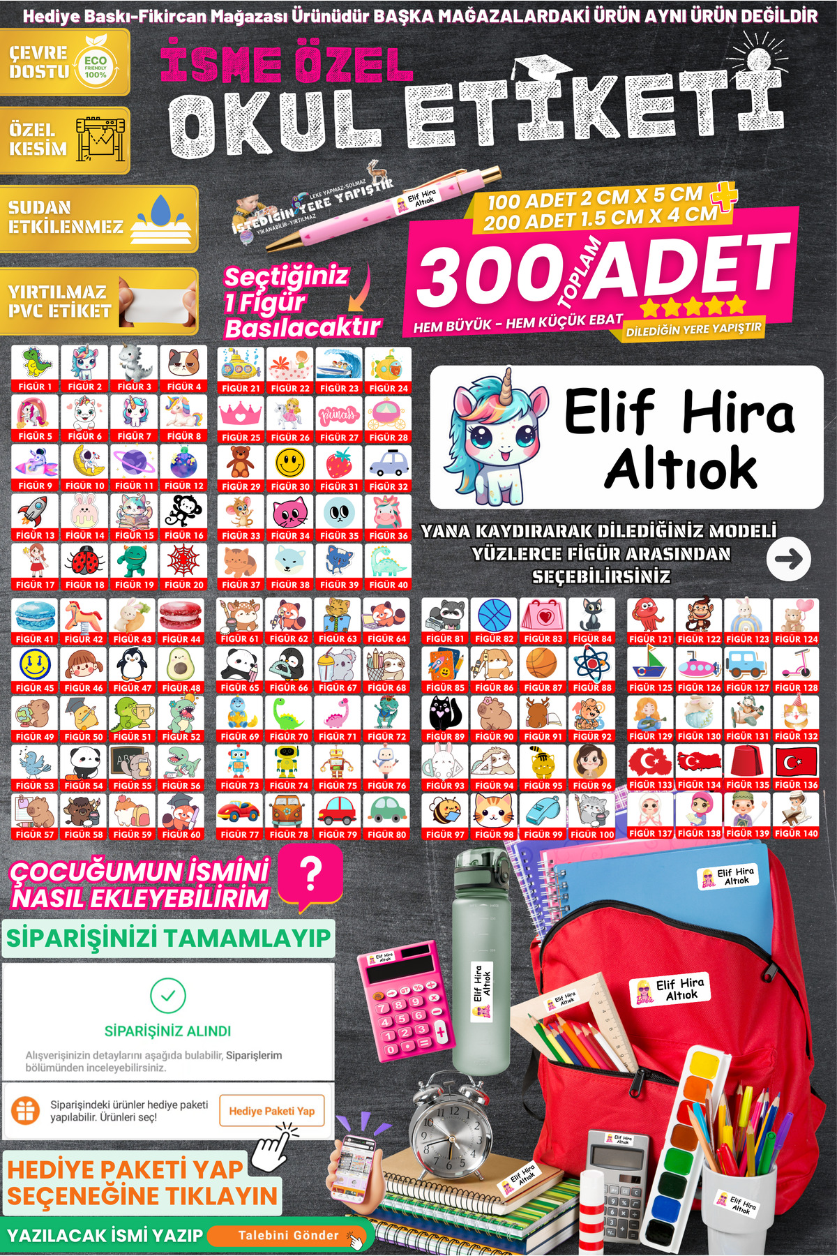 Fikircan-İsme Özel Okul Etiket Seti - 300 Adet - Kokusuz Ekolojik Mürekkep PVC ETİKET