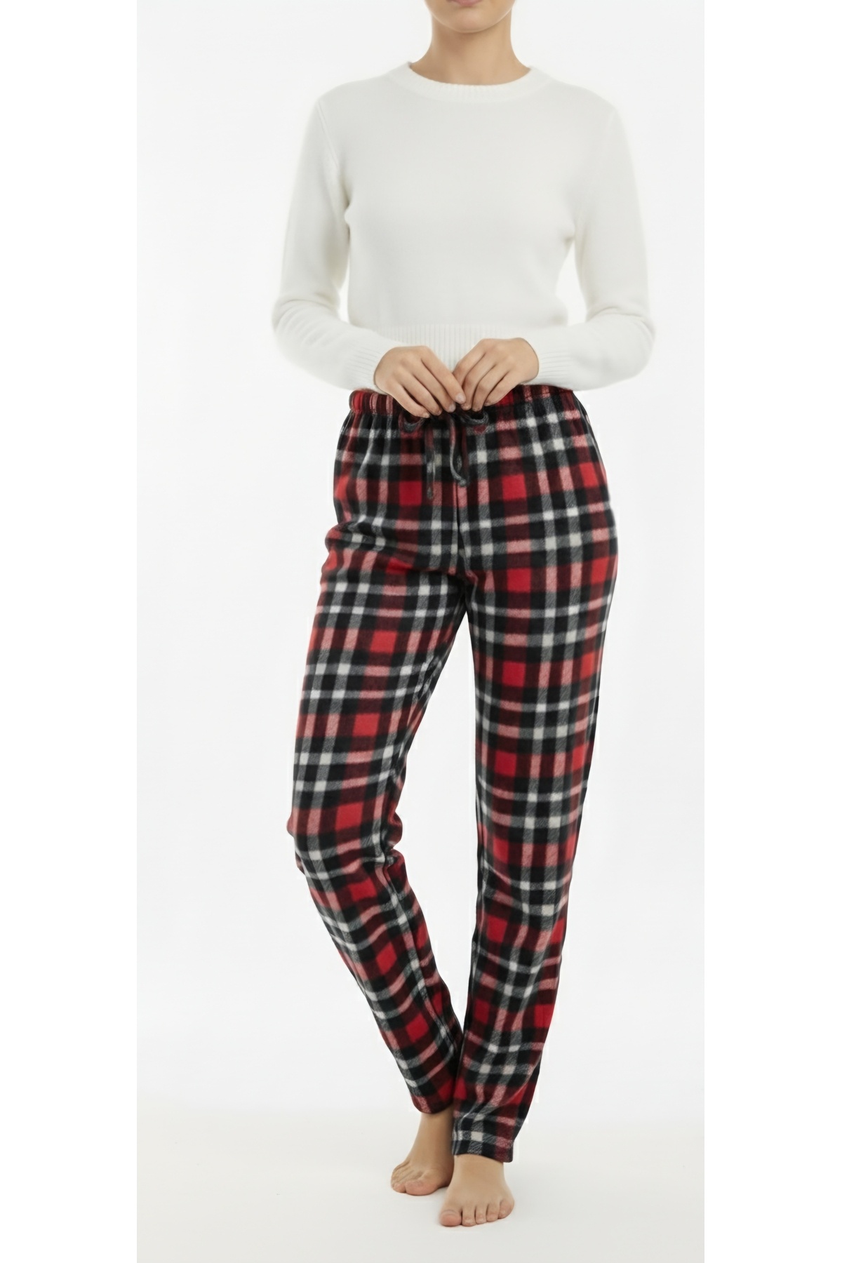 noend Kışlık Polar Cepsiz Ekose Desen Beli Lastikli Kadın Pijama Altı