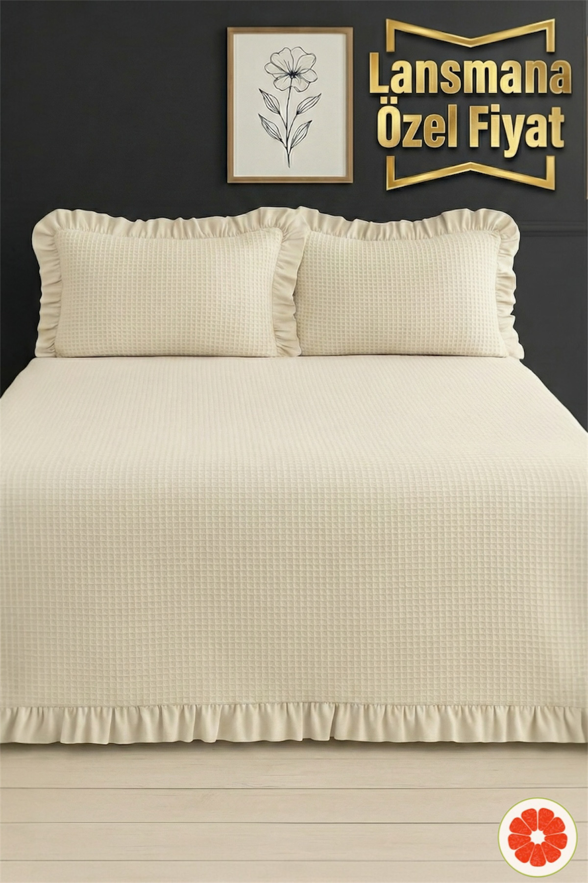 POMELO HOME Tek Kişilik Petek Dokulu %100 Pamuk Fırfırlı Yatak Örtüsü Takımı | Ekru Waffle Cotton Set