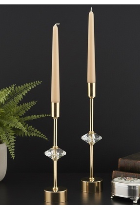 Jovi GOLDEN DUO 2'li Lüks Şamdan Kristal Dekorlu Gold Kaplama Metal Mumluk
