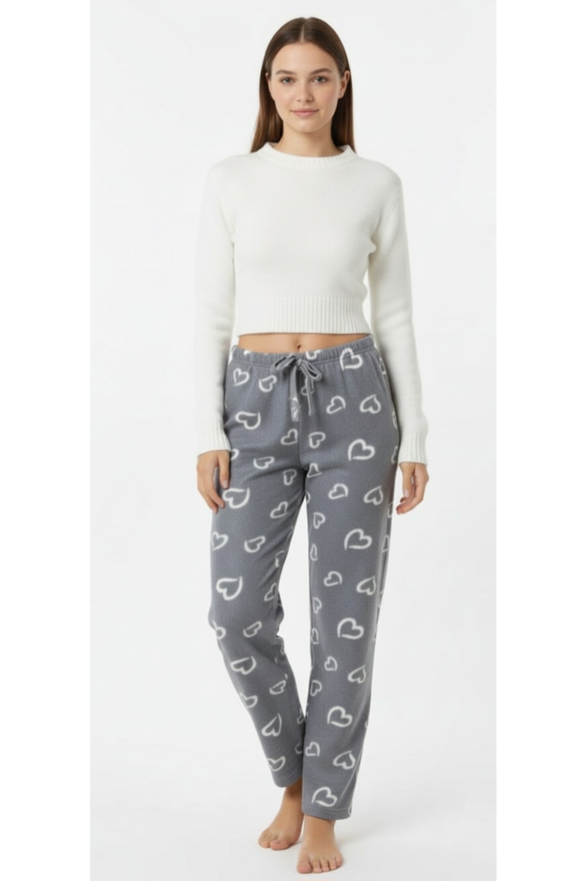 noend Kışlık Polar Cepsiz Kalp Desen Gri Beli Lastikli Kadın Pijama Altı