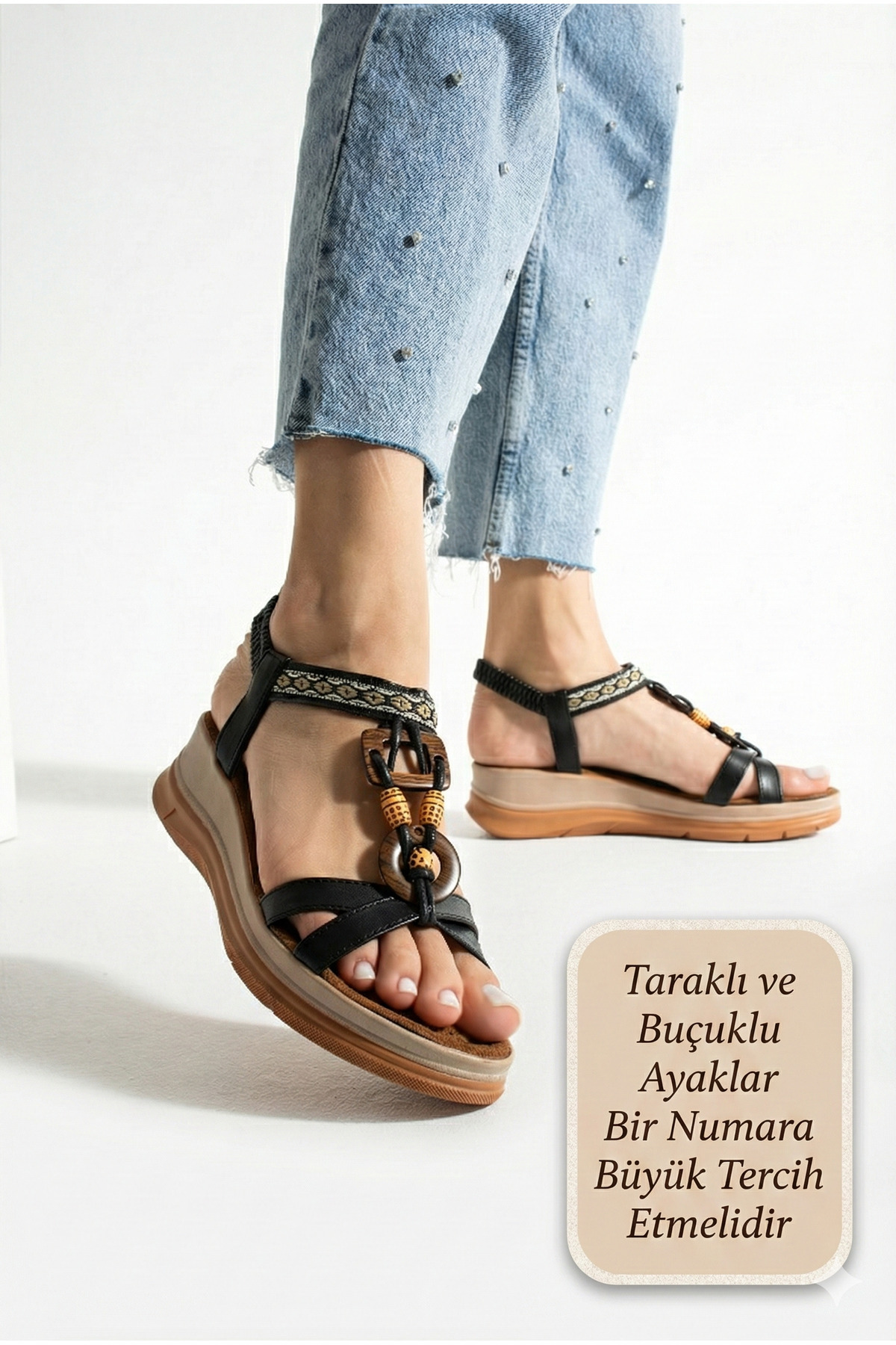 Ayax Siyah Günlük Şık Aksesuarlı Kadın Sandalet