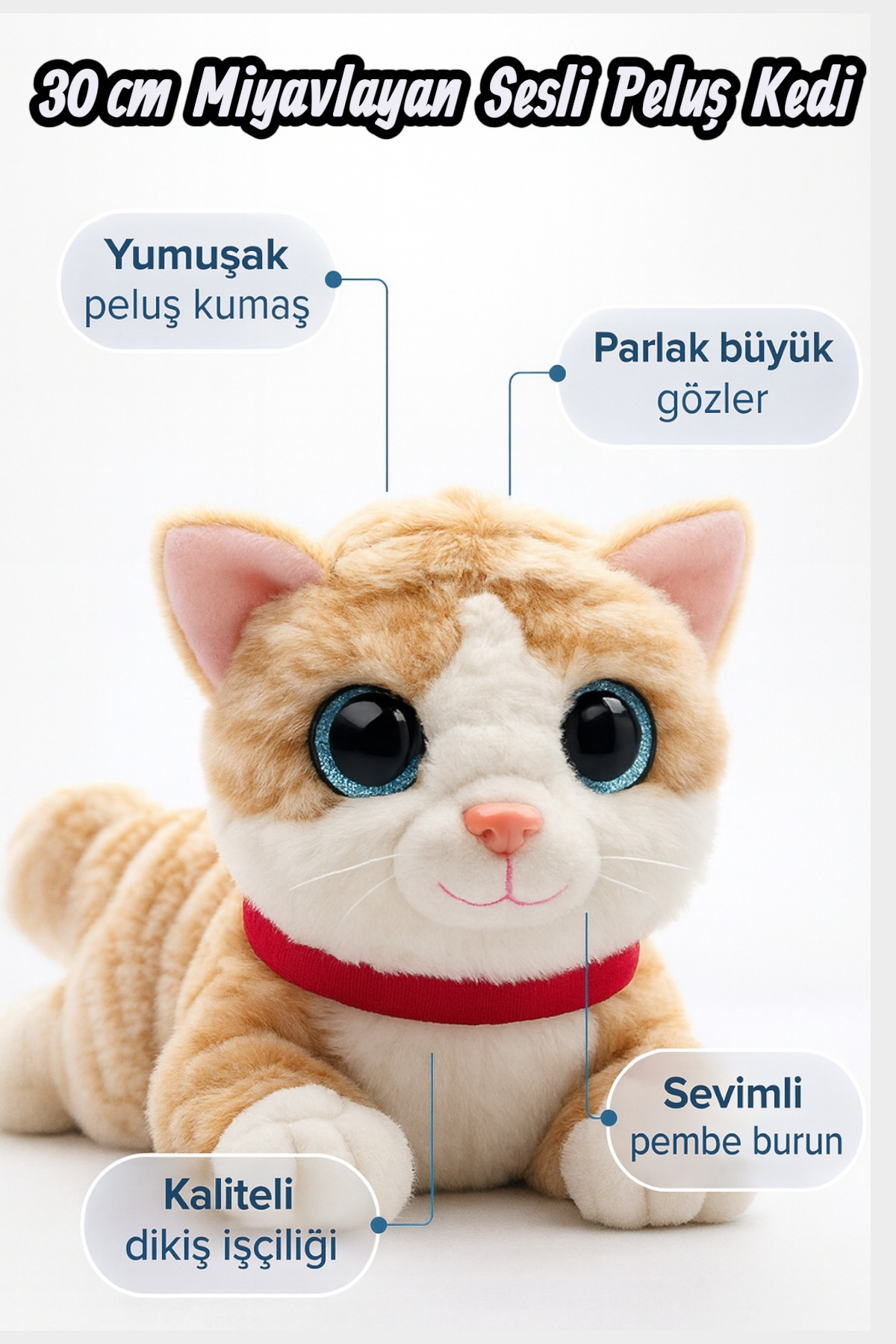 Fidan oyuncak Sevimli Peluş Yavru Kedi, Oturan, Sesli, Miyavlayan, Oyun ve Uyku Arkadaşı; 30 cm
