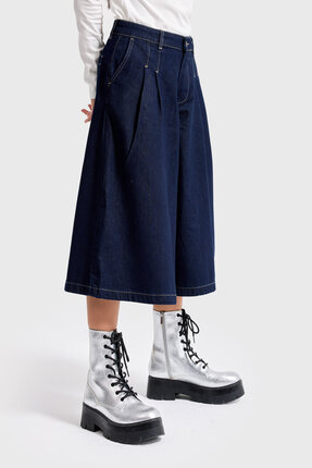 it's basic Kadın İndigo Renk 7s6-50 Baggy Fit Pileli Uzun Denim Bermuda Jean