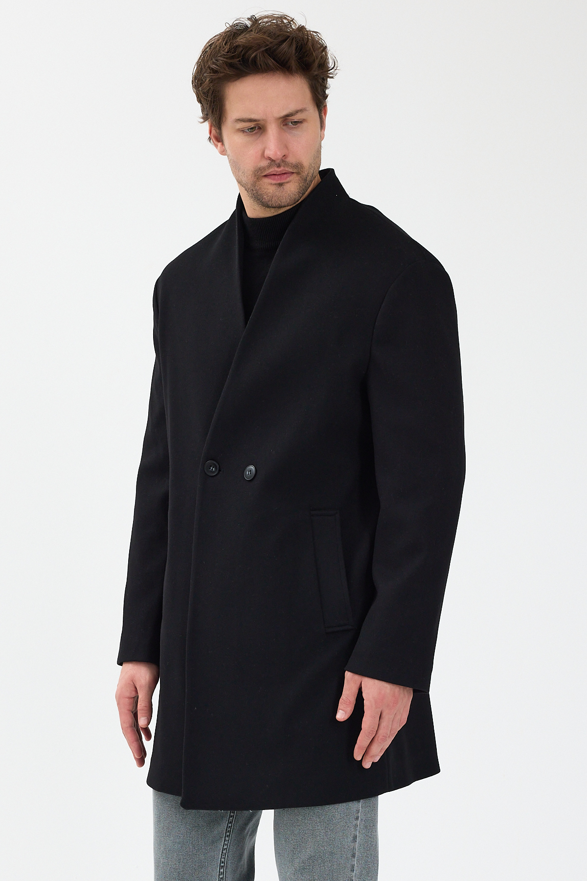 Danger  Erkek Kruvaze Kaşe Palto Mont Siyah - Görsel 6