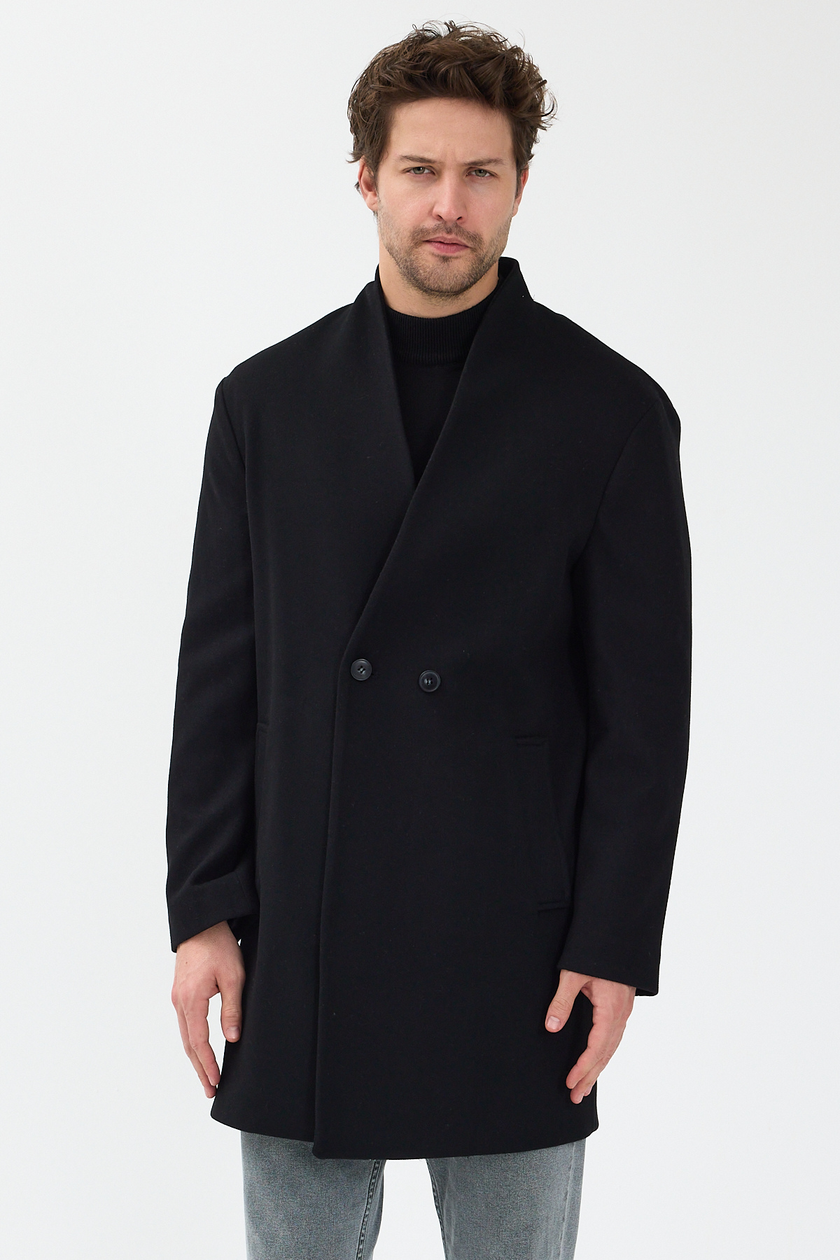 Danger  Erkek Kruvaze Kaşe Palto Mont Siyah - Görsel 3