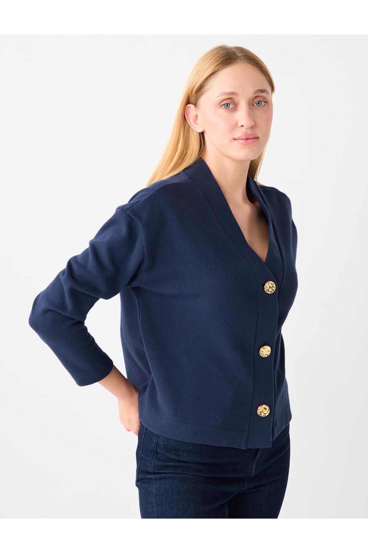 Jimmy Key  Lacivert Rahat Kesim V Yaka Yumuşak Dokulu Örme Hırka - Görsel 4