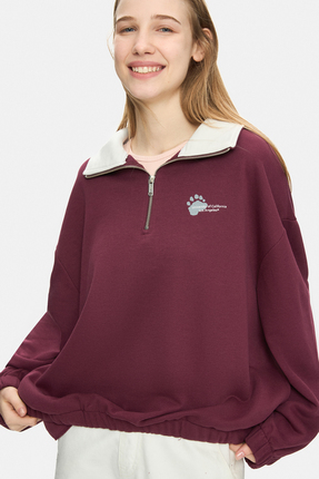 Ucla YOKO Bordo Fermuarlı Baskılı Oversize Fit Kadın Sweatshirt