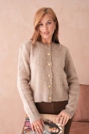 Park Karon Kadın Bisiklet Yaka Düğme Detaylı Yumuşak Dokulu Şardonlu Triko Ceket