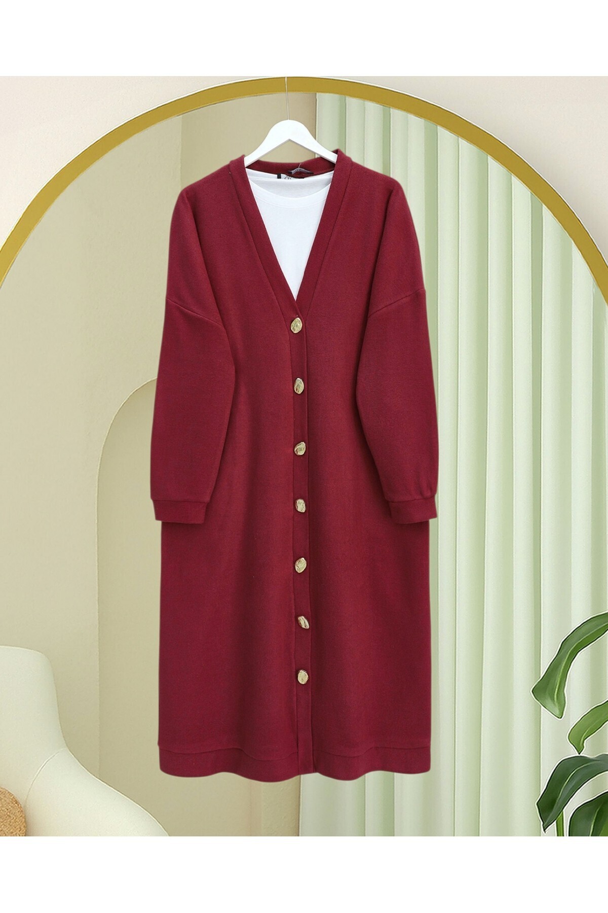 Modamorfo  Düğmeli Selanik Uzun Hırka -Bordo - Görsel 2