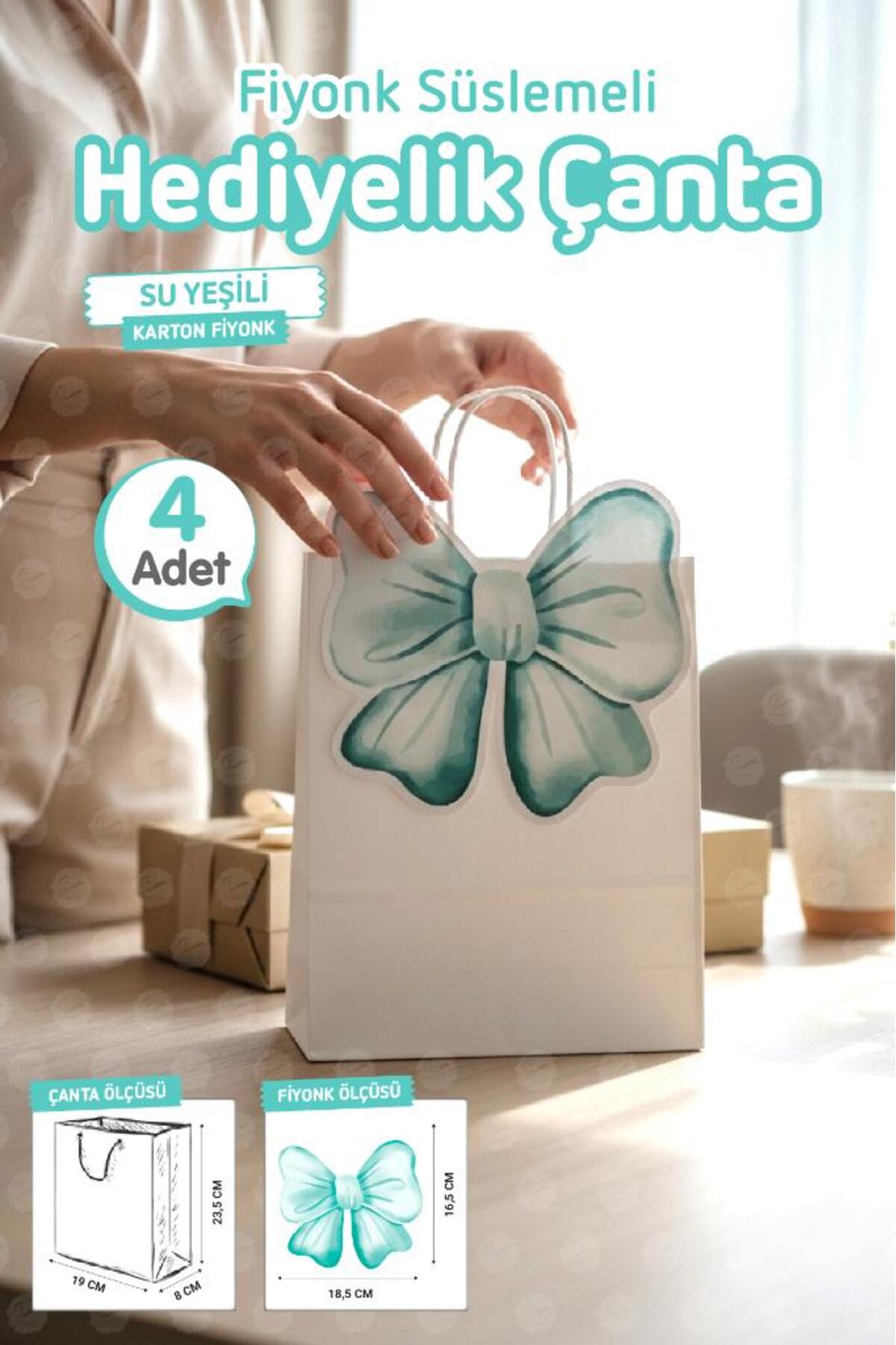 t tuğset etiket Burgu Saplı Karton Kurdeleli Çanta 4 adet Hediye Paketi Çanta Poşet (Yeşil)doğum günü, düğün, bebek fotoğrafı 4 (önizleme)