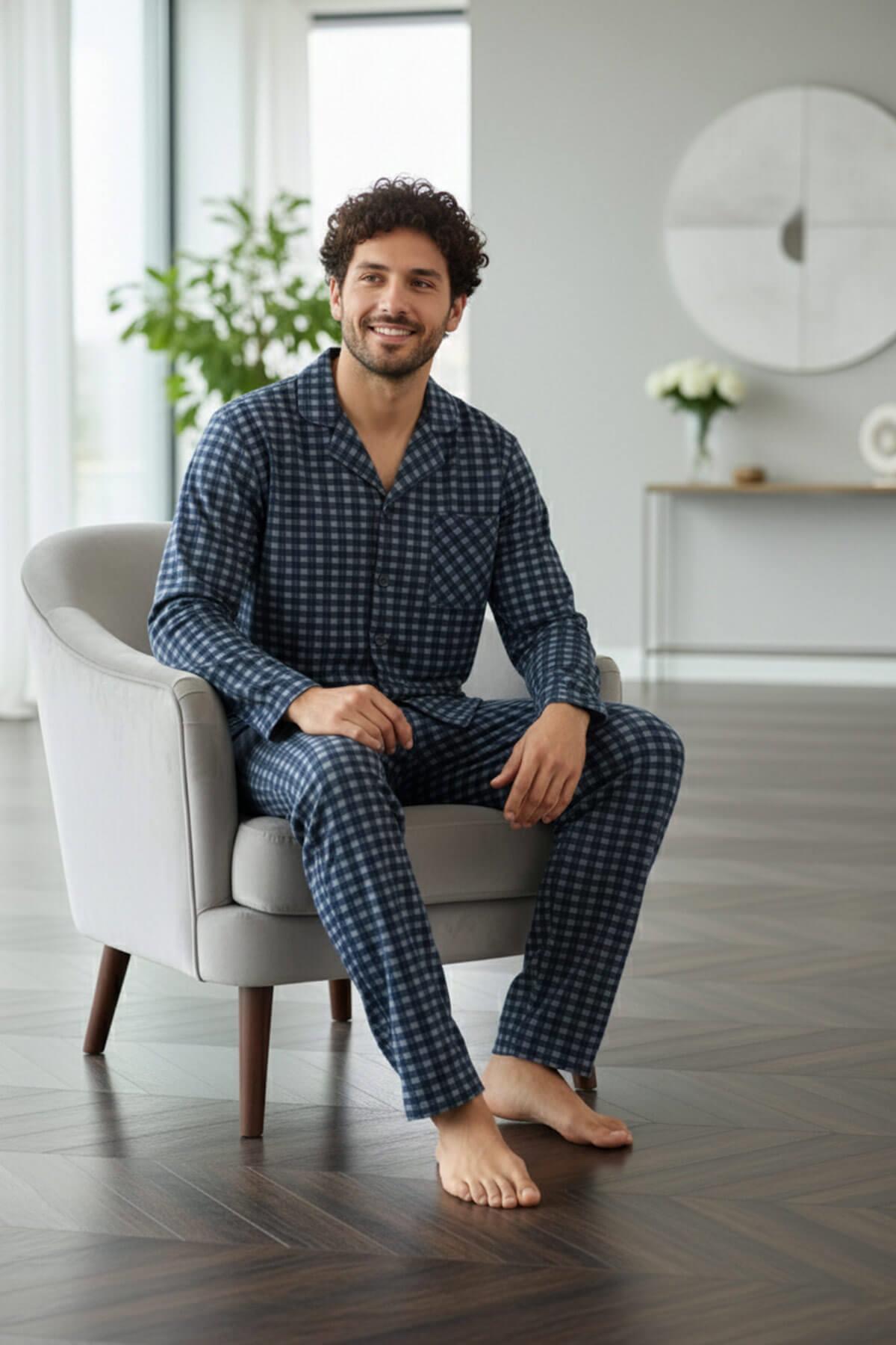 Pijamaevi Lacivert Gri Ekose Desenli Önden Düğmeli Elegant Erkek Pijama Takımı görsel 3