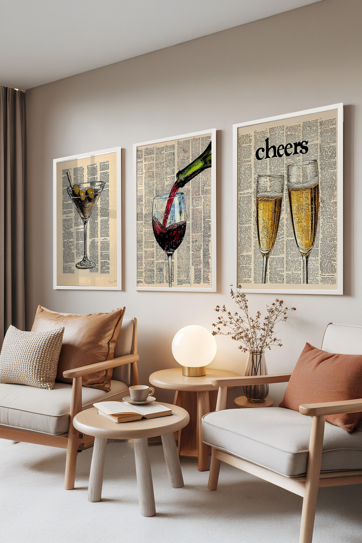 3-Piece Table Set with White Frame, Vintage Mixology – Retro Bar Drawings, Kitchen Set No: 30126