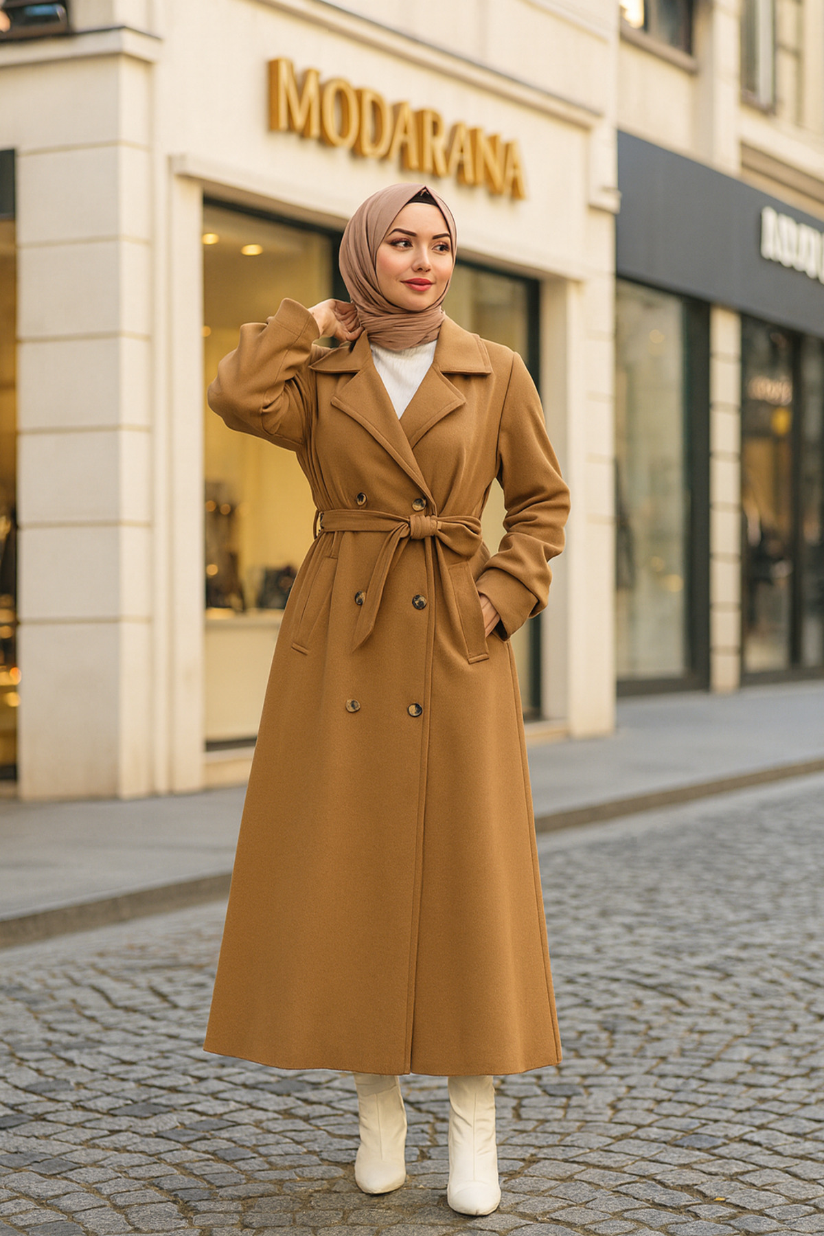 Modarana Tam Boy Tesettür Kaşe Kaban/Manşetli Kuşaklı Kaşe Kadın Kaban