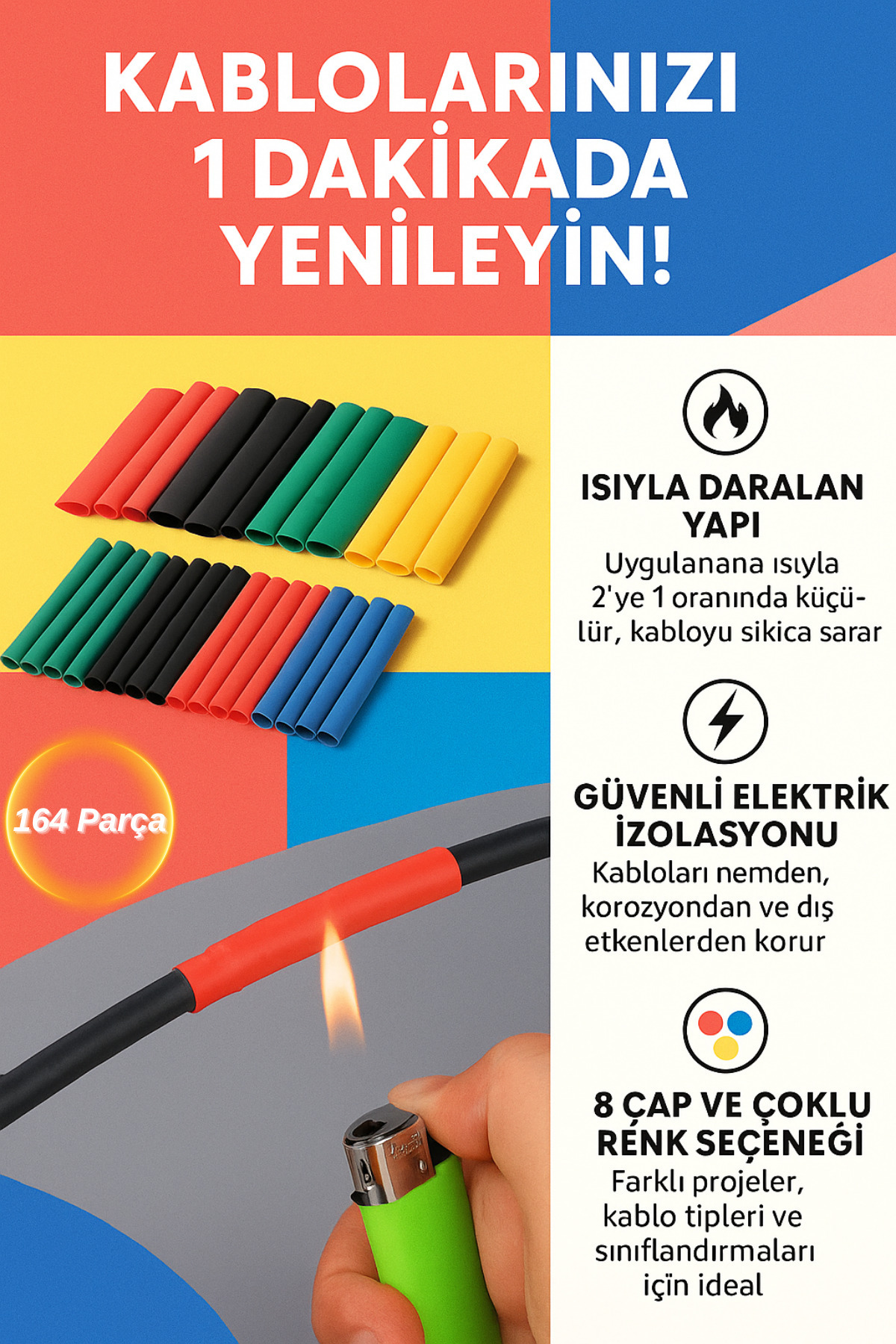 Hane Dostu 164 Parça Isıyla Daralan Makaron Seti – Kablo İzolasyon ve Koruma Kılıfı (8 Farklı Çap)