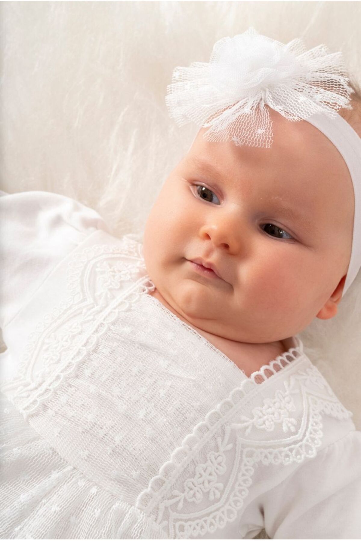 P&H BABYWEAR Almira Elbise %100 Pamuk Penye Tül Dantel Detaylı Yenidoğan Kız Bebek Mevlüt & Özel Gün Takımı fotoğrafı 2 (önizleme)