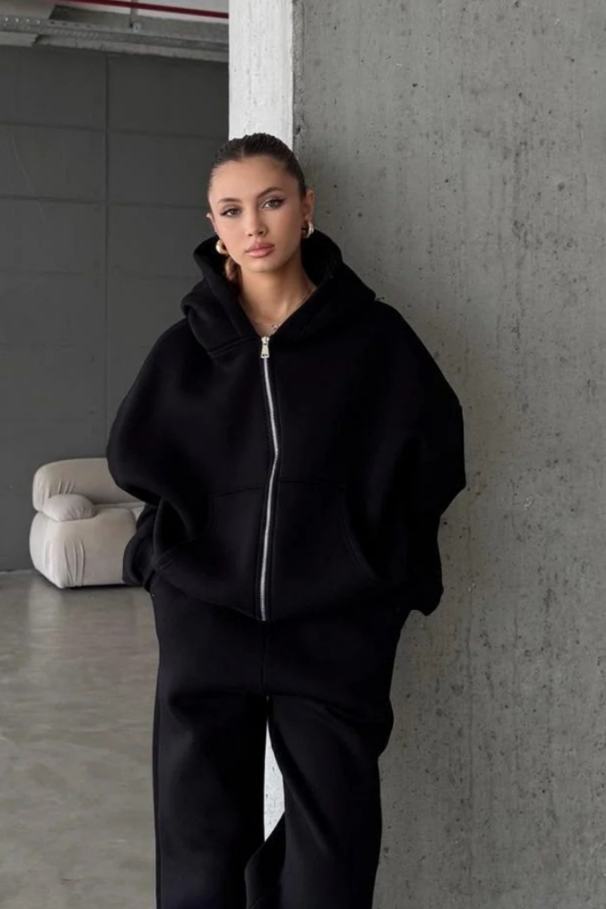 YAKAMEL  KADIN 3 İPLİK OVERSİZE FERMUARLI SWEATSHİRT HIRKA - Görsel 4