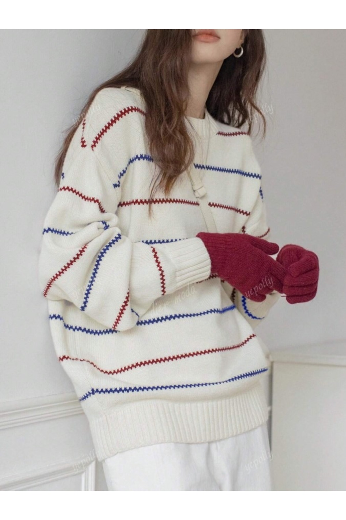 Dier Moda Kadın Oversize Triko Kazak, Beyaz Renkli Çizgili, Rahat ve Yumuşak Dokulu Fmoda1989 görsel 2